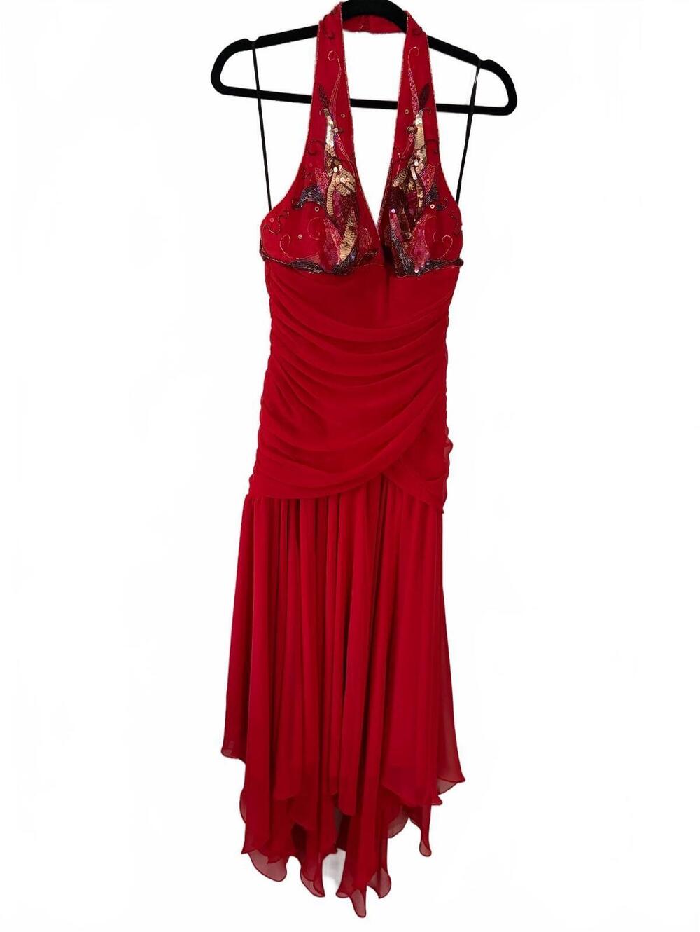 Vintage 80’s Casadei Red Halter Bodice Ruched Embellished Dress Hi-Low Size M